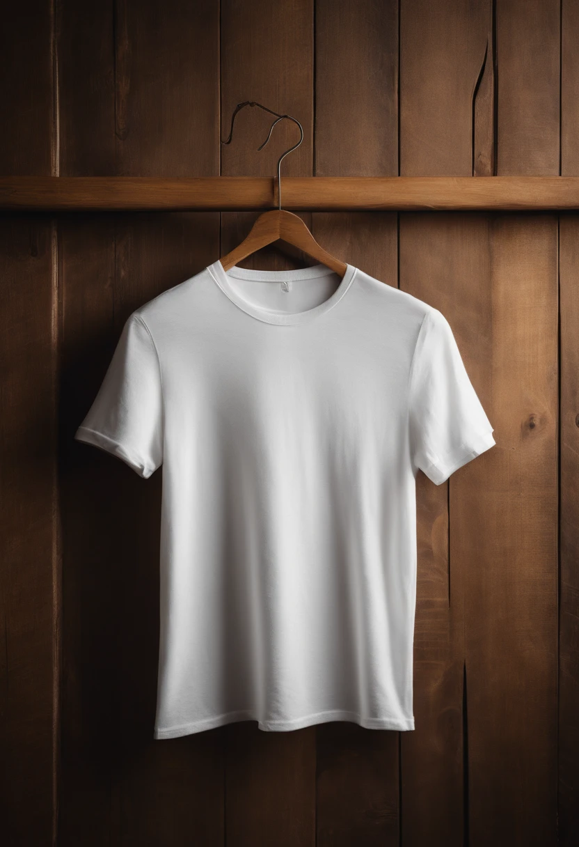 a top-down shot of a white t-shirt placed on a wooden hanger against a wooden background, providing a simple and elegant presentation of the design, as if it were ready to be worn