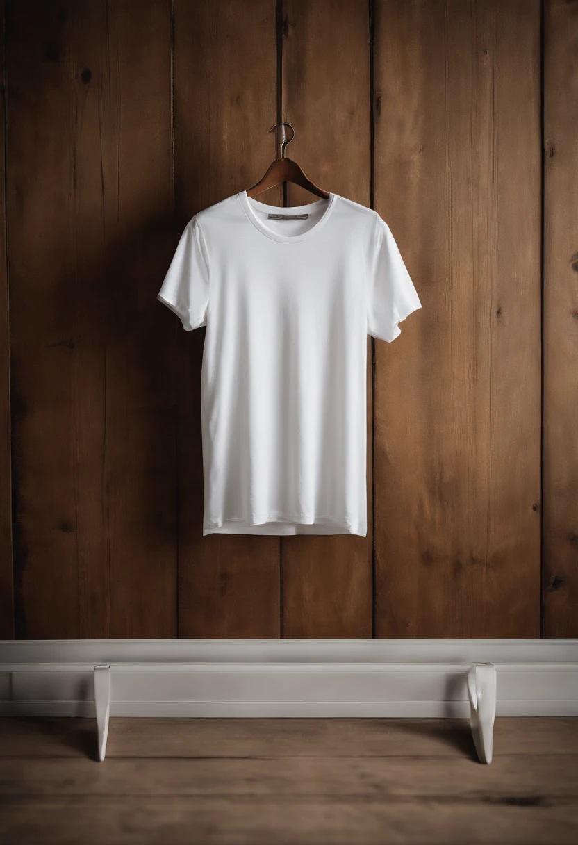 a top-down shot of a white t-shirt placed on a wooden hanger against a wooden background, providing a simple and elegant presentation of the design, as if it were ready to be worn