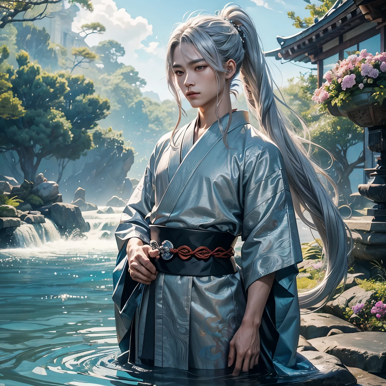 male in his 20s、youth、jpn、Fair skin、Silvery hair、length hair、hair tied together、poneyTail、long kimono、haori、Water god、Dragon God、Fantastical、opulent、flowers in background、natta、There is a mood