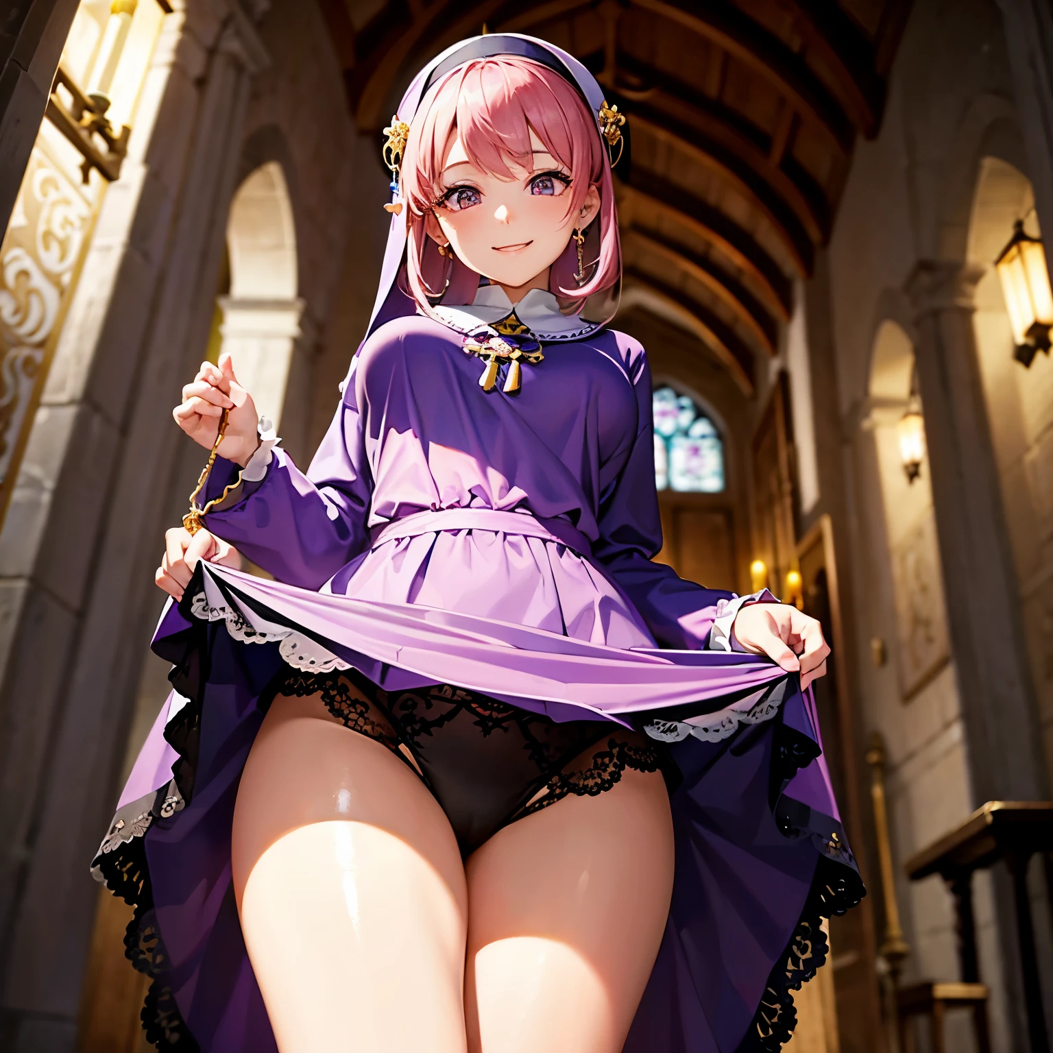 ​masterpiece，((top-quality)),8k wallpaper,((Female 1))，Pink hair，pink thin eyebrows，Look at viewers，The light of a candle reflected in the eyes，((very smiling:1.5))，(closed eye)，Pink cheeks，((very detailed facial details)),Transcendent Beautiful Girl，Cultivated woman，(Dressed in a purple nun&#39;s costume)，Wearing a purple top with white frills on the collar，golden cross necklace，Good cosplay，Lift up the clothes you are wearing，穿いているBlack lace pantiesを披露，Black lace panties，Angle from below，up close shot，Bite，Italian Models，Clarice di Lanza from Arcana Heart 2，Clarice di Lanza cosplay，The background is a chapel，natta，Candlelight，The light of a candle illuminates her