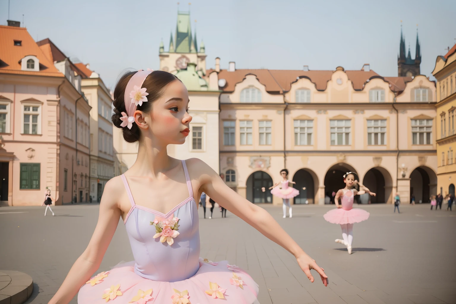 March 2023. Whimsical Ballet Practice in Prague, Czech Republic.
Description: A young ballerina, donned in a pastel tutu and adorned with a floral headband, practices ballet moves in a charming square in Prague. Her graceful and whimsical movements, set against the backdrop of historic architecture, create a picturesque Wes Anderson ballet practice.