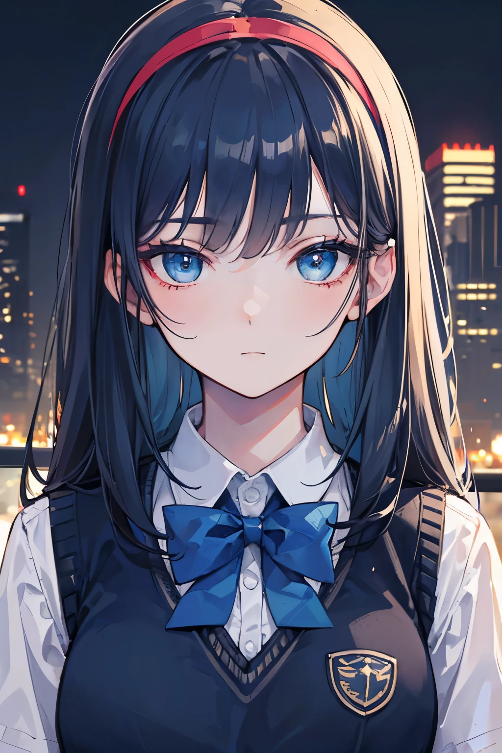 (best quality,4k,8k,highres,masterpiece:1.2), ultra-detailed, 1girl, {dark blue hair}, dark blue eyes, long hair, expressionless, hairband, sweater vest, collared shirt, bowtie, beautiful detailed eyes, detailed face, city, outdoors, portrait, close-up, crisp lighting.