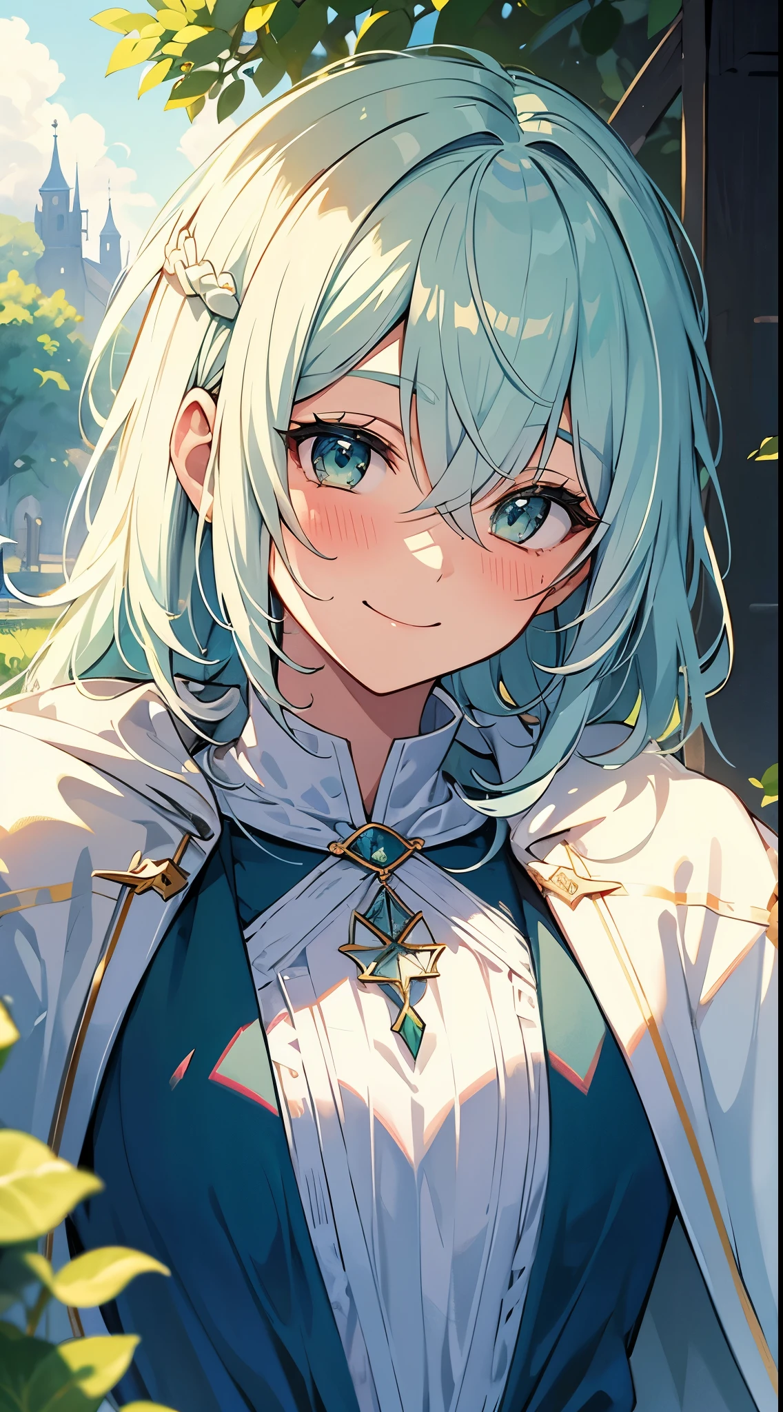 [[[ ultra-detailed, best quality, soft skin, beautiful, 4K]]], portrait, green viridian eyes, white hair with shades of blue, traveling cloak, medieval village background,, smiling, blushing, skinny body,