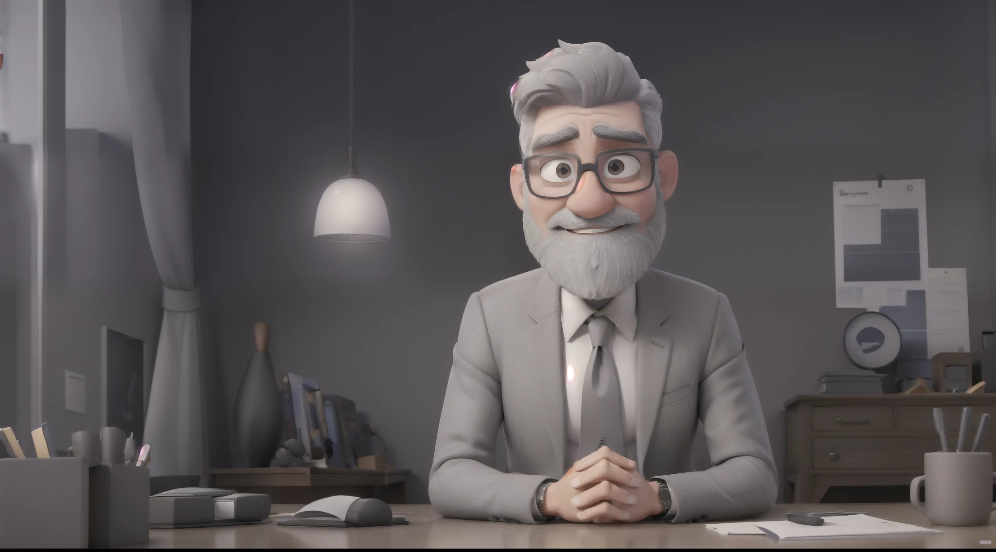 One man business executive short gray hair gray beard armchair dark gray suit white shirt glasses discreet, sem fundo escuro, estilo Disney Pixar