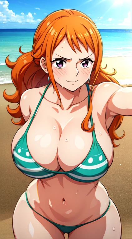 (best quality, highres),ultra-detailed, (realistic:1.37), (anime:1.1), portrait, Nami from One Piece, beautiful detailed brown eyes, beautiful detailed orange long hair, wearing a micro bikini, standing on a sunny beach, slightly blushing, joyful expression,(NSFW), dynamic pose and dynamic stretching.