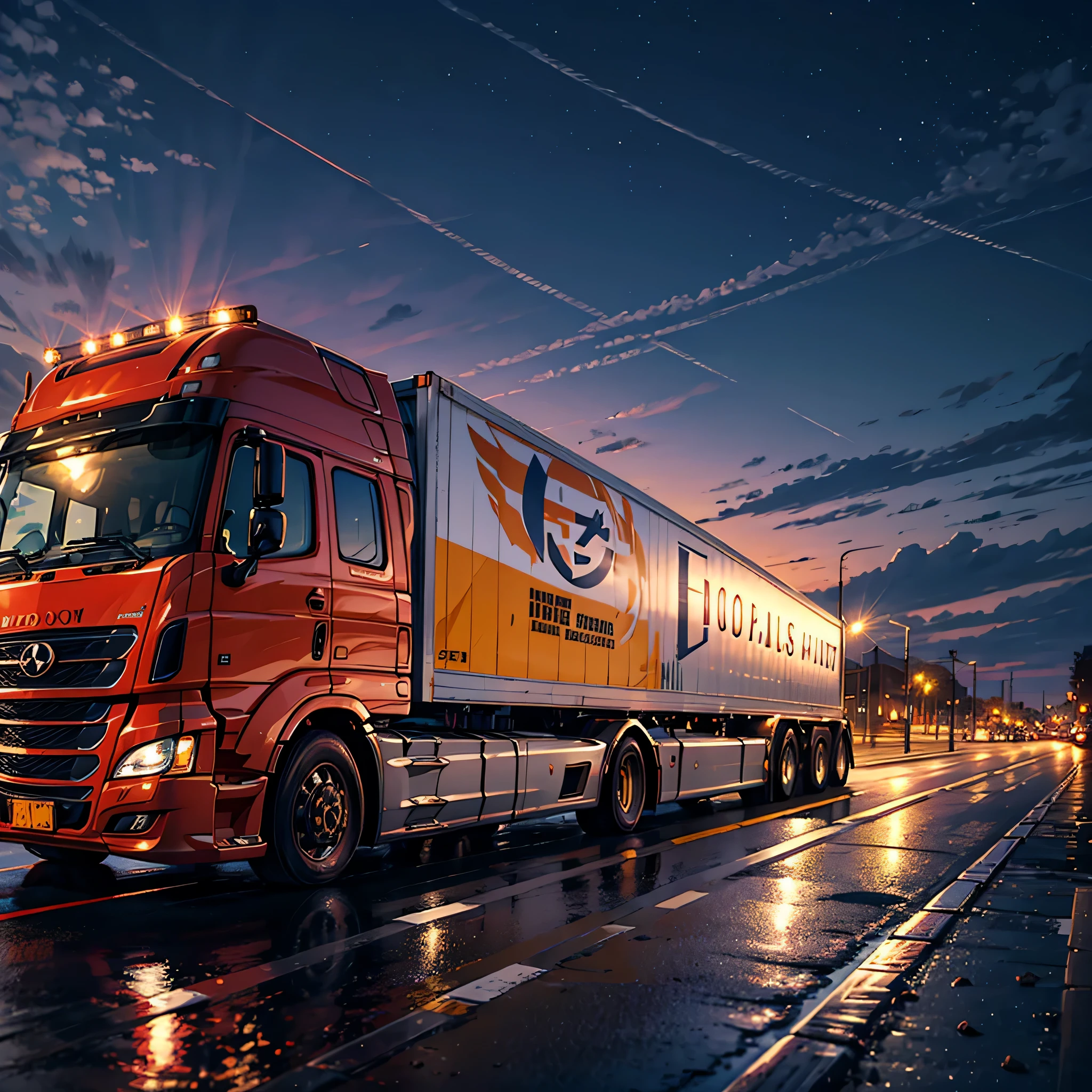there is a large ((euro semi truck)) driving down the road with lights at night,, nice lighting, , 8k)), very beautiful lighting, wide body, octa 8k, cool looking, , impressive lighting, orange lighting, beautiful lit, high quality picture, fantastic lighting, fully symmetrical, crisp smooth lines, cute looking, by Chris Cold, professional unique masterpiece, by Derek Hill, proud looking, by Dan Smith, sarah cliff, by Carl Morris, by Colin Moss, front shot, by Carl Walter Liner