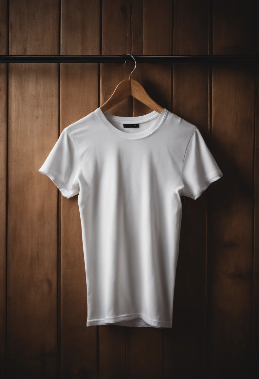 a top-down shot of a white t-shirt placed on a wooden hanger against a wooden background, providing a simple and elegant presentation of the design, as if it were ready to be worn