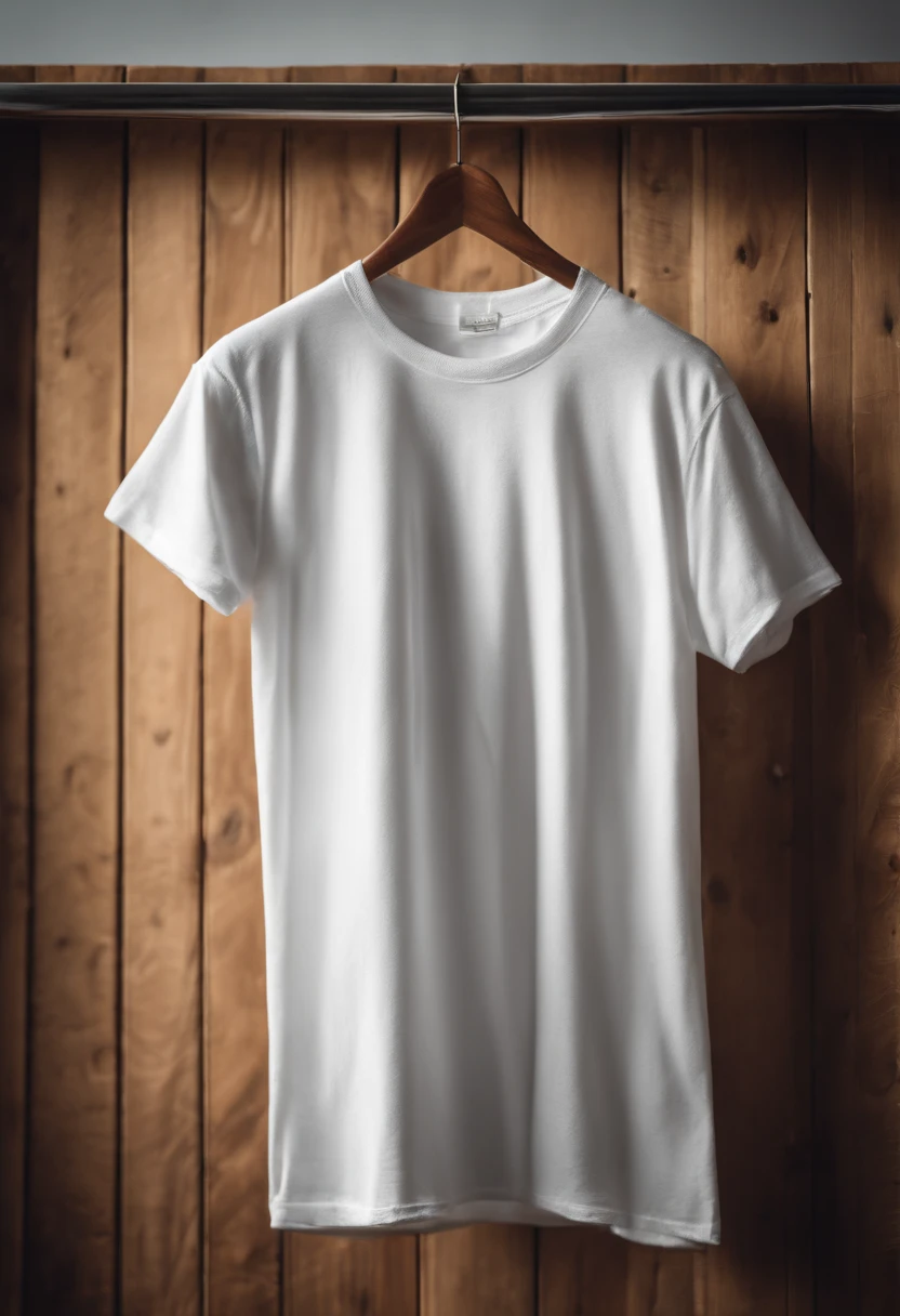 a top-down shot of a white t-shirt placed on a wooden hanger against a wooden background, providing a simple and elegant presentation of the design, as if it were ready to be worn