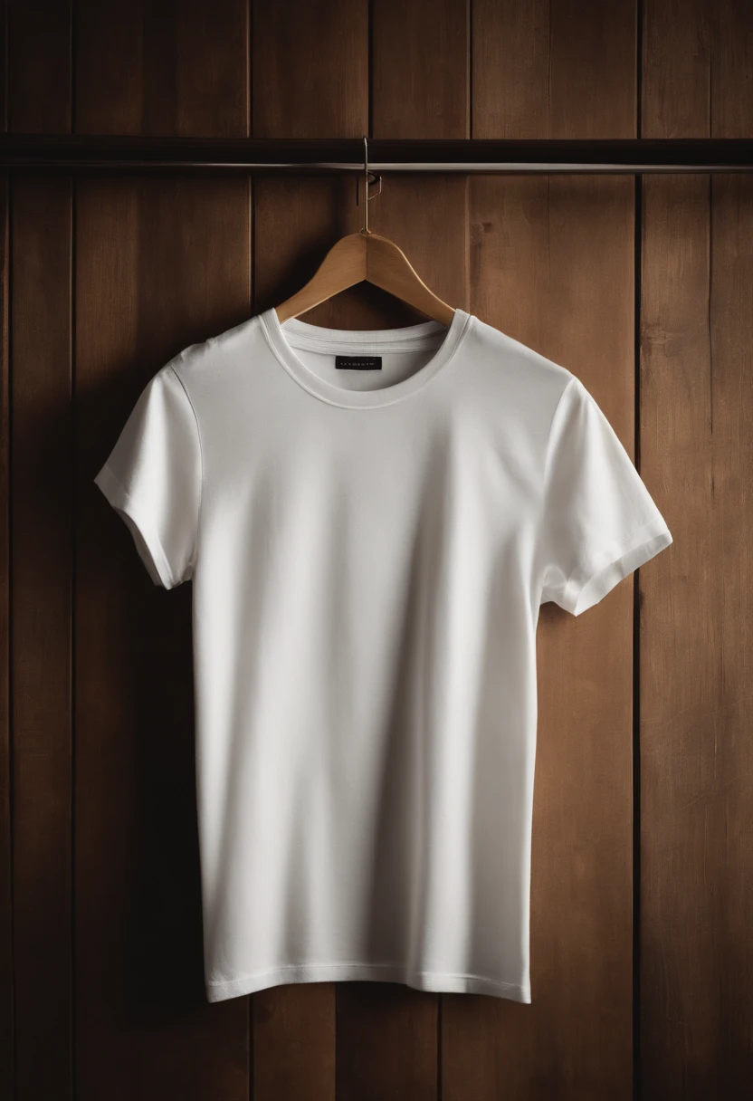 a top-down shot of a white t-shirt placed on a wooden hanger against a wooden background, providing a simple and elegant presentation of the design, as if it were ready to be worn