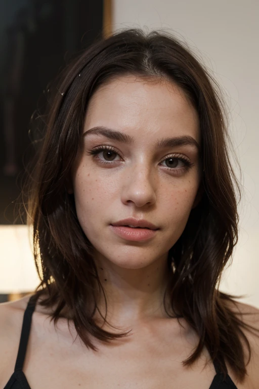 ((best quality)), ((masterpiece)), (detailed), perfect face realistic photo of beautiful woman with long dark brown hair, Russian, influencer, light freckles, dark brown eyes, big lips, no makeup, insagram, standing next to black wall, yoga outfit