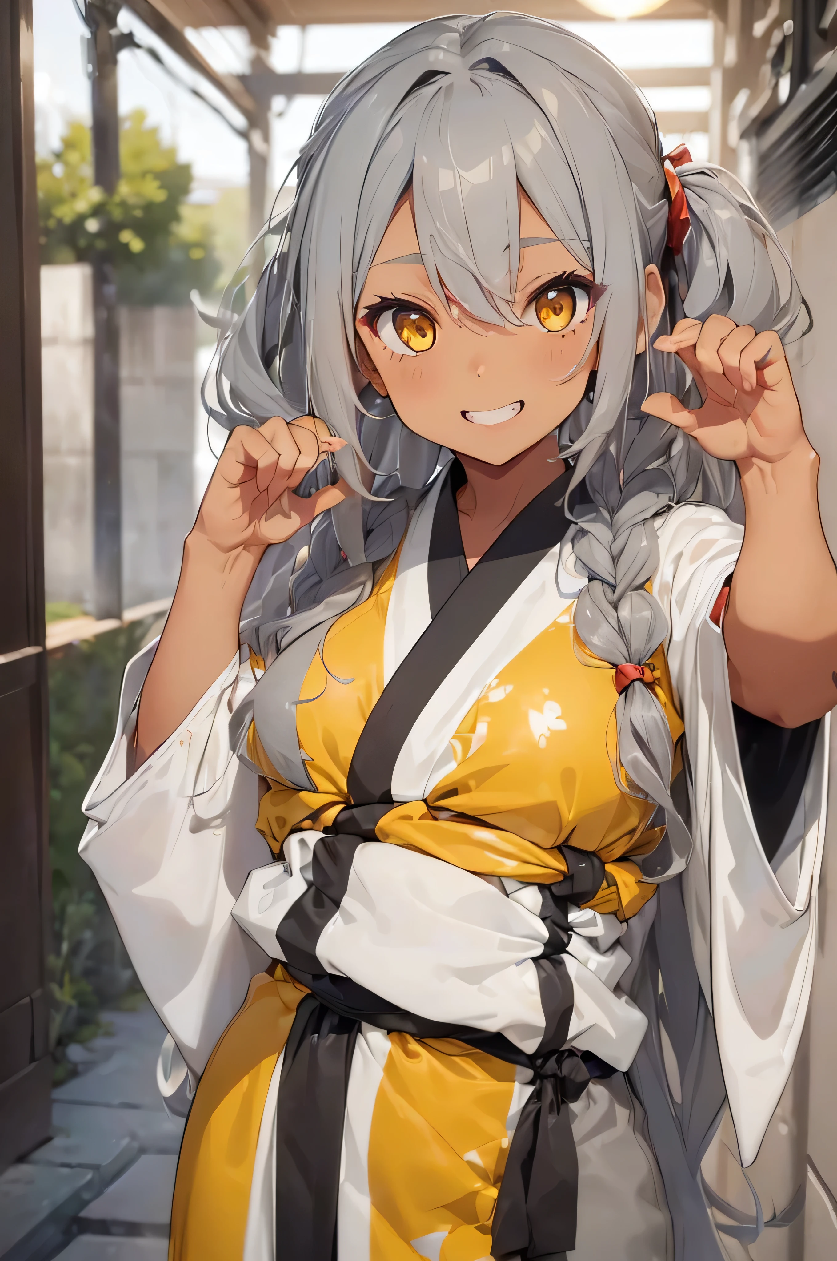 ((((Tanned skin)))), ((((Grey Color Hair))), Long curly twintail hair with messy ends, Messy bangs that show your forehead. Large, Beautiful yellow eyes.Kimono. Active poses. Smile with visible teeth. Sexy.