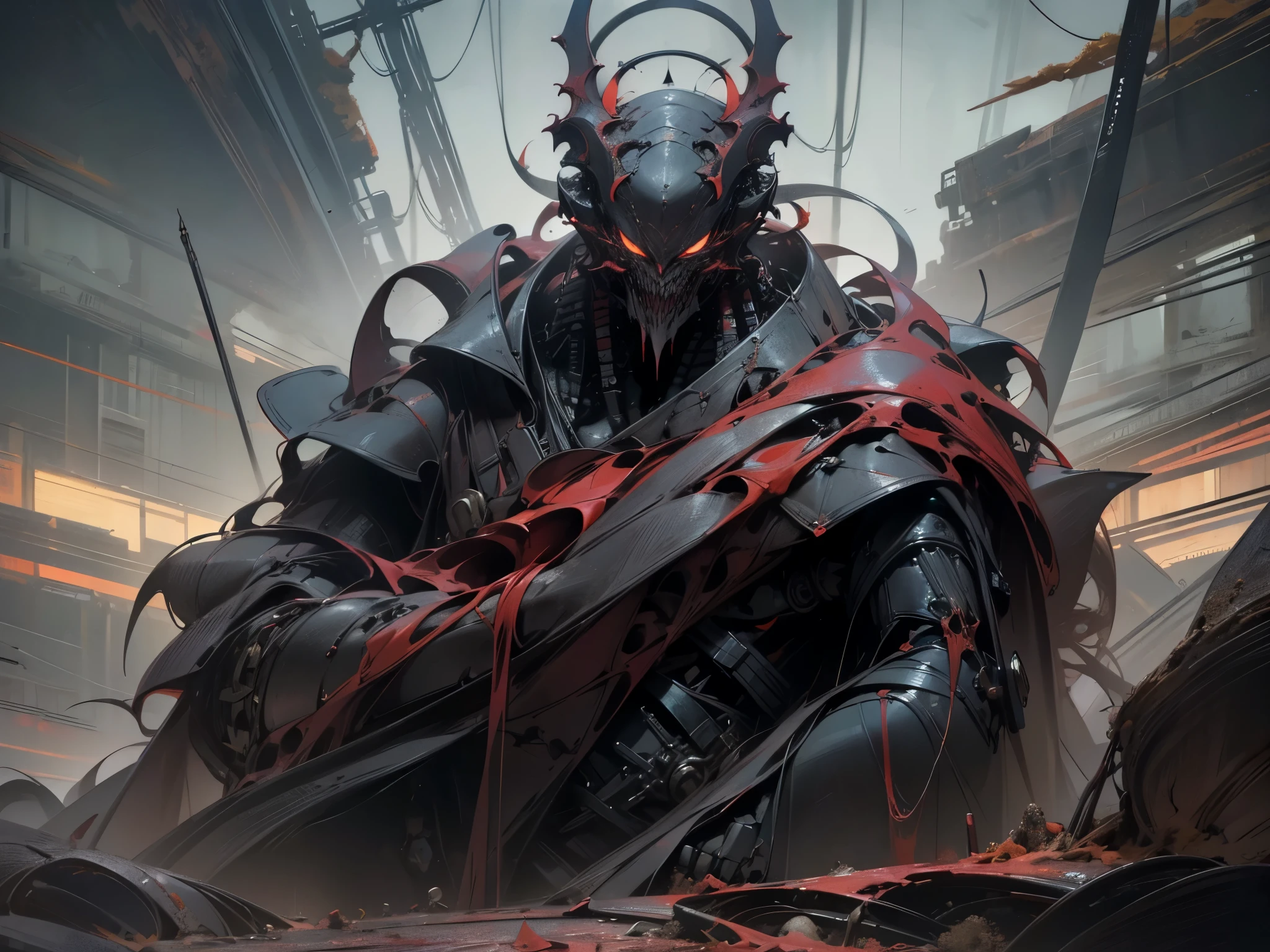 (best quality,4K,high resolution,masterpiece:1.2), ultra-detailed, realistic, funky album cover, dark and eerie atmosphere, ominous, demonic presence, wicked smile, nightmare-inducing, ominous hellish landscape, red color palette, terrifying, demonic armor, full-body shot, multitude of artworks, dark style, hands spread open, magma beneath, hellish ambiance