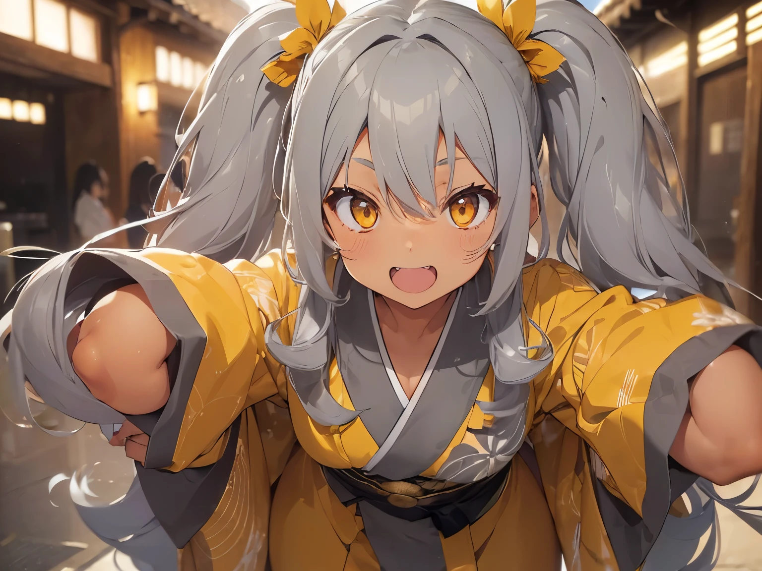 ((((tanned skin)))), ((((grey color hair))), long curly twin-tail hair with tousled ends, messy bangs that show forehead. Large, beautiful yellow eyes.KIMONO. Active poses. Smile with visible teeth