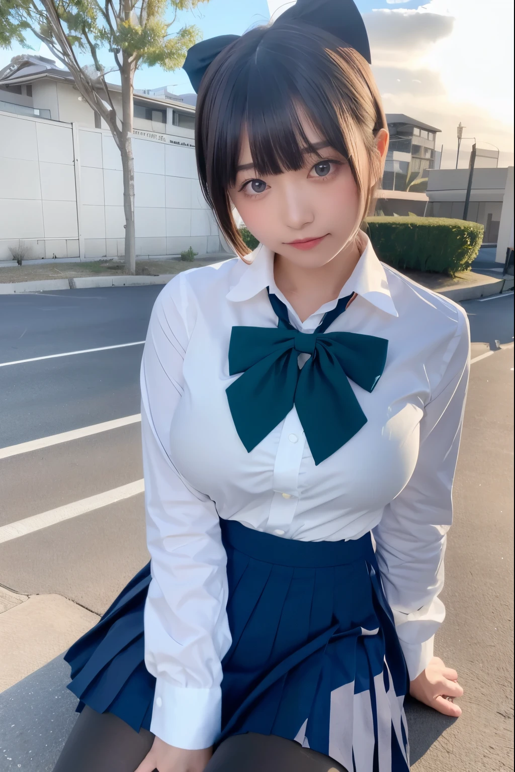 nsfw, best quality, masterpiece, ultra-detailed, 1girl, black eyes, (((huge breasts))), (((nipples))), (((((sagging breasts))))), (((hime cut))), (((blunt bangs))), (((tsurime))), (((((narrow eyes))))), outdoors, (((younger))), (pop idol),public indecency, smile, light smile, ((no bra)), ((no panties)), (((gothic ta))), (((((maid))))), topless, solo, (((((short tie))))), mansion, garden, upper_body, (brown hair),(short hair),((((wavy hair)))),(((standing pose))),(loli