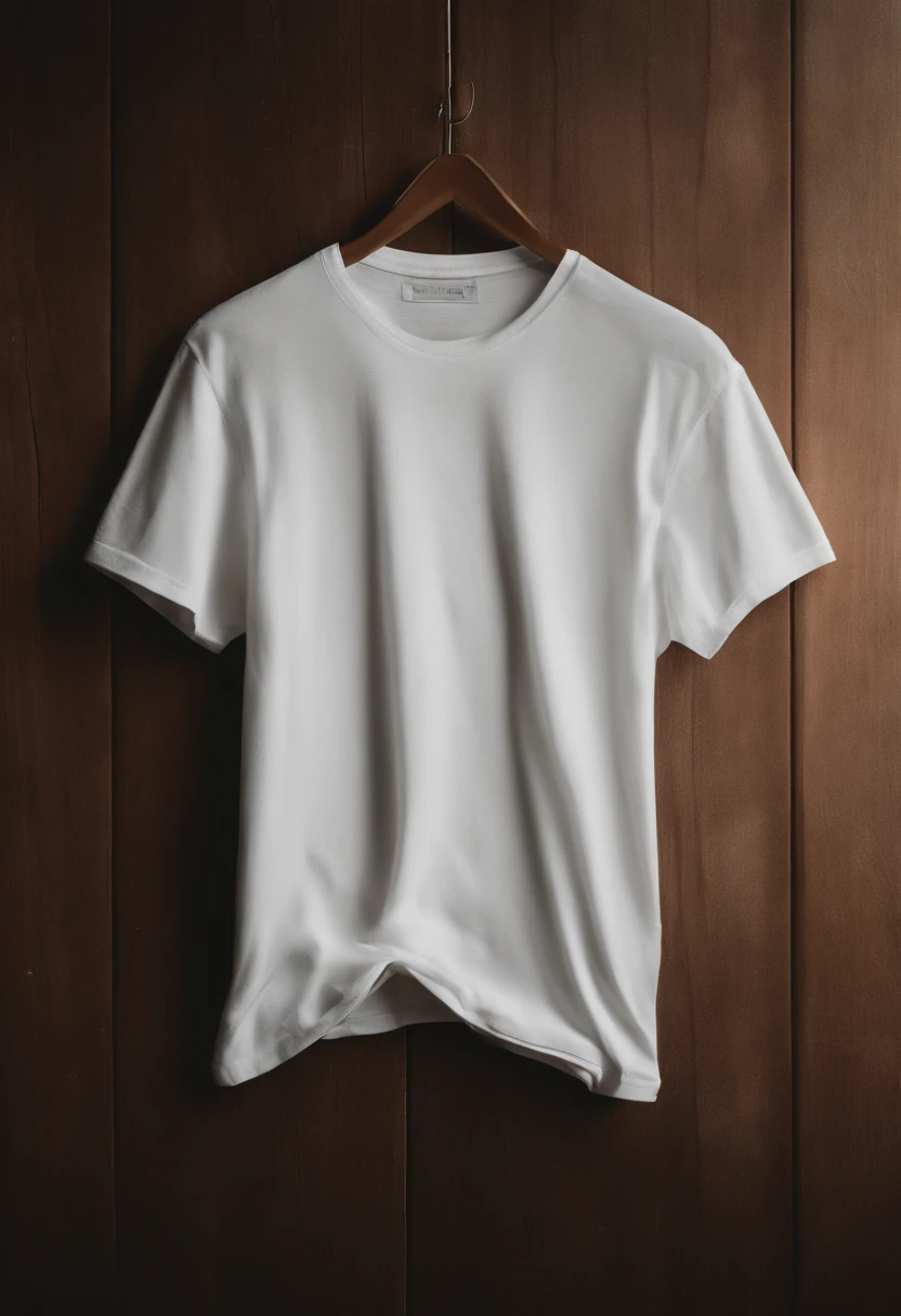 a minimalistic shot of a white t-shirt on a wooden background, with a simple and understated design placed strategically on the chest area, emphasizing the design’s impact and ensuring it stands out against the clean backdrop