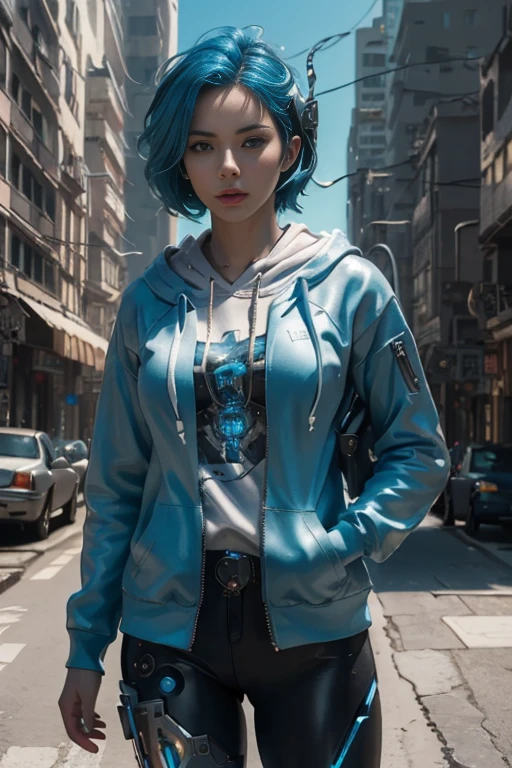 Cute girl with blue hair and orange jacket standing in front of a building, realistic