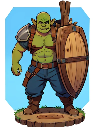 An orc in pants and boots with a giant wood shield on his back