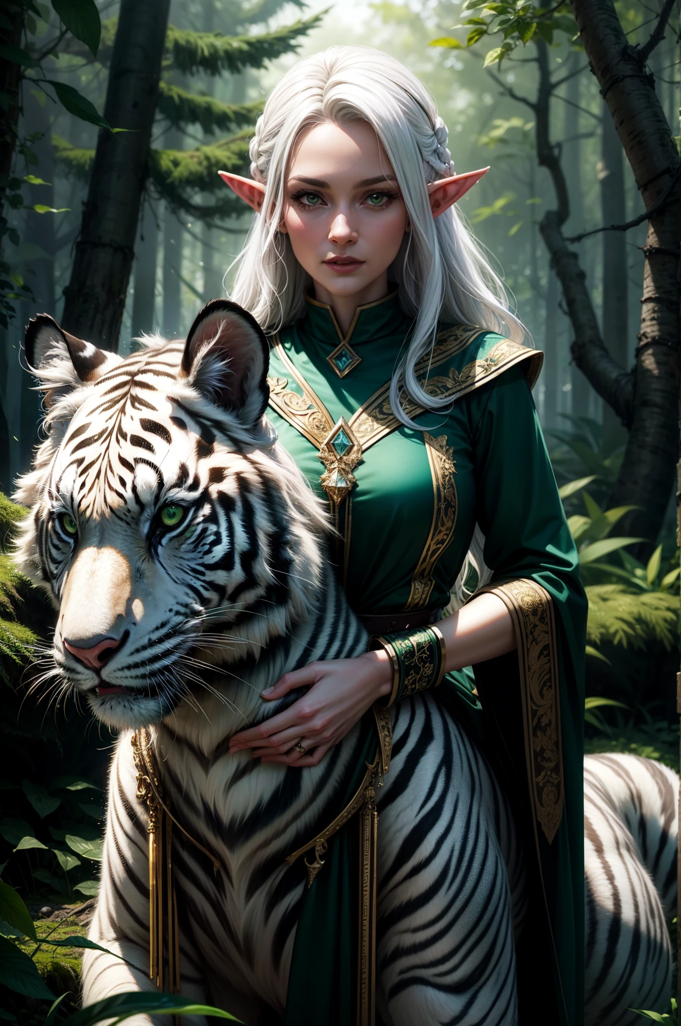 elf, white hair, mature woman with a white tiger, white tiger, druid, green clothes, pointy ears, forest, nature, 1girl, (masterpiece:1.6, best quality), 8k, insane details, intricate details, hyperdetailed, hyper quality, high detail, ultra detailed, professional, HDR, ray tracing reflection, cinematic lighting,