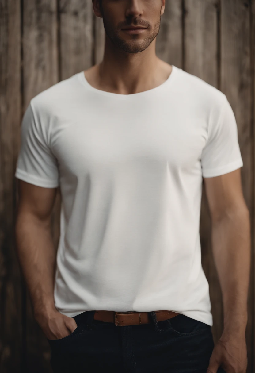 a minimalistic shot of a white t-shirt on a wooden background, with a simple and understated design placed strategically on the chest area, emphasizing the design’s impact and ensuring it stands out against the clean backdrop