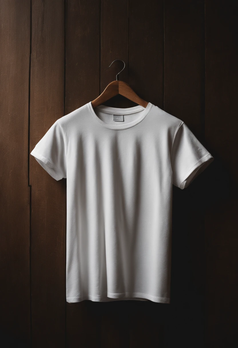 a minimalistic shot of a white t-shirt on a wooden background, with a simple and understated design placed strategically on the chest area, emphasizing the design’s impact and ensuring it stands out against the clean backdrop