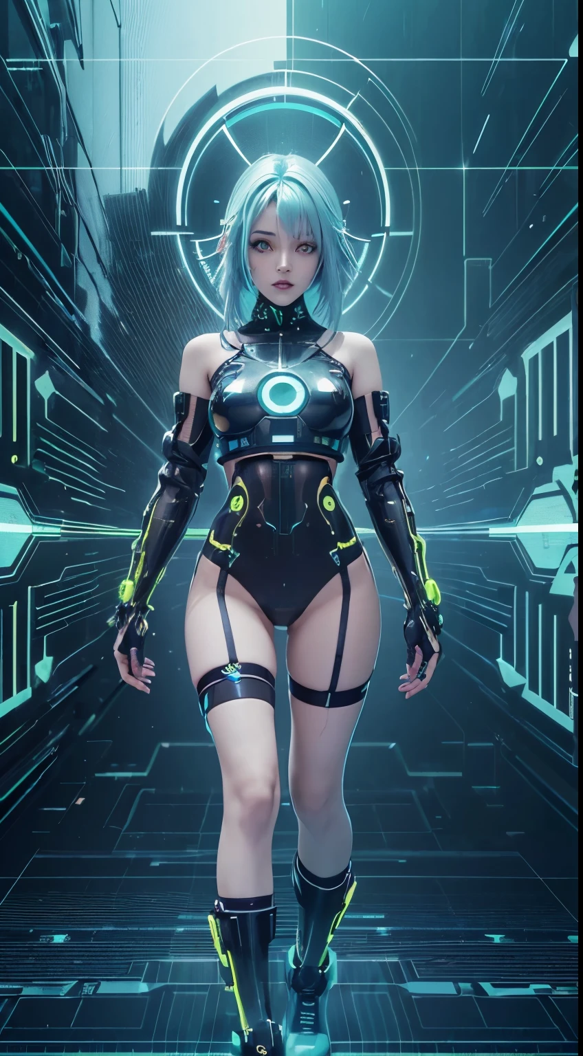 solo, 1girl, full body nude, (electric Aqua hair), (electric yellow eyes), ((Cyber punk outfit)), (symmetrical eyes), (Perfect face), (Perfect Anatomy), (looking at viewer), (cyber shot), ((Glitch Art background)), (glitch art:1.3) ((glitch effect)), (8k), (HD), (Cinematography)