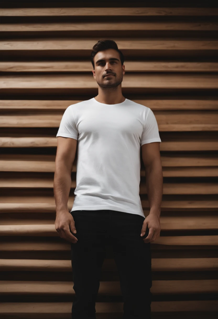 a minimalistic shot of a white t-shirt on a wooden background, with a simple and understated design placed strategically on the chest area, emphasizing the design’s impact and ensuring it stands out against the clean backdrop