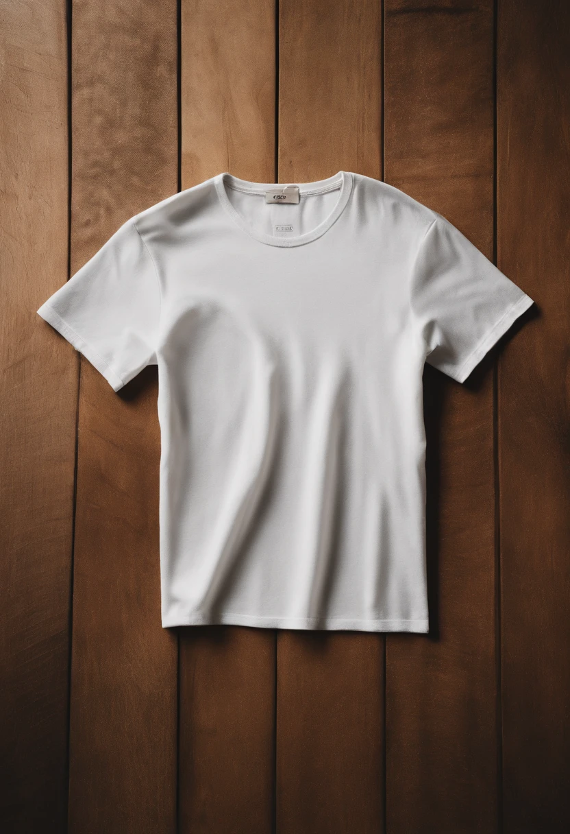 a minimalistic shot of a white t-shirt on a wooden background, with a simple and understated design placed strategically on the chest area, emphasizing the design’s impact and ensuring it stands out against the clean backdrop