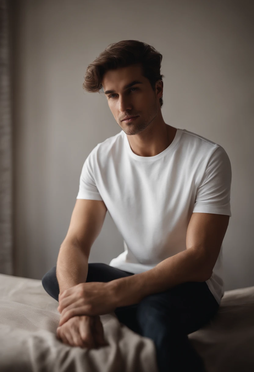 a minimalistic shot of a white t-shirt on a wooden background, with a simple and understated design placed strategically on the chest area, emphasizing the design’s impact and ensuring it stands out against the clean backdrop