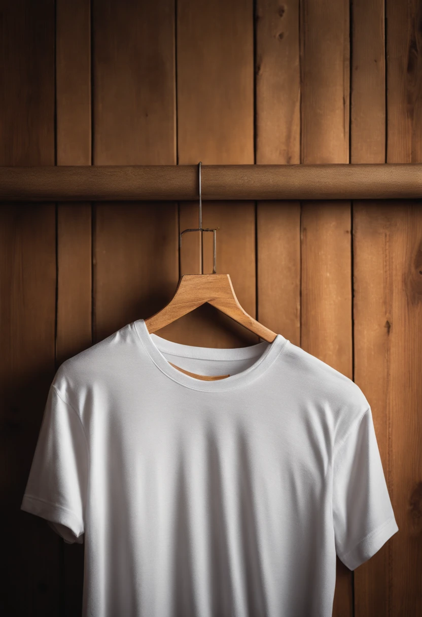 a top-down shot of a white t-shirt placed on a wooden hanger against a wooden background, providing a simple and elegant presentation of the design, as if it were ready to be worn