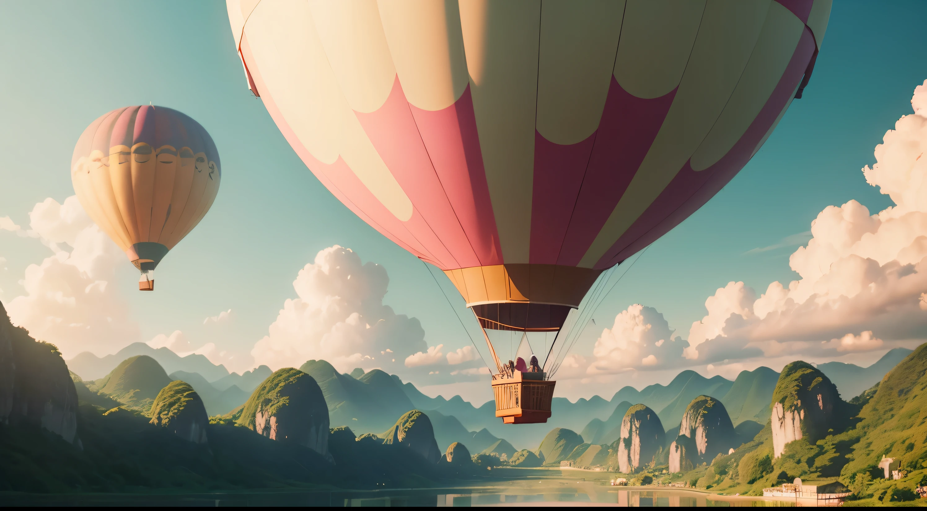 Scenery of pink hot air balloon flying high in the sky, Pixar cinematic style, Best quality, cinematic Film still from, extreamly cute, wonderful day out, Light green forest, fields on the ground, Guilin mountain mountains, Chinese big breasts