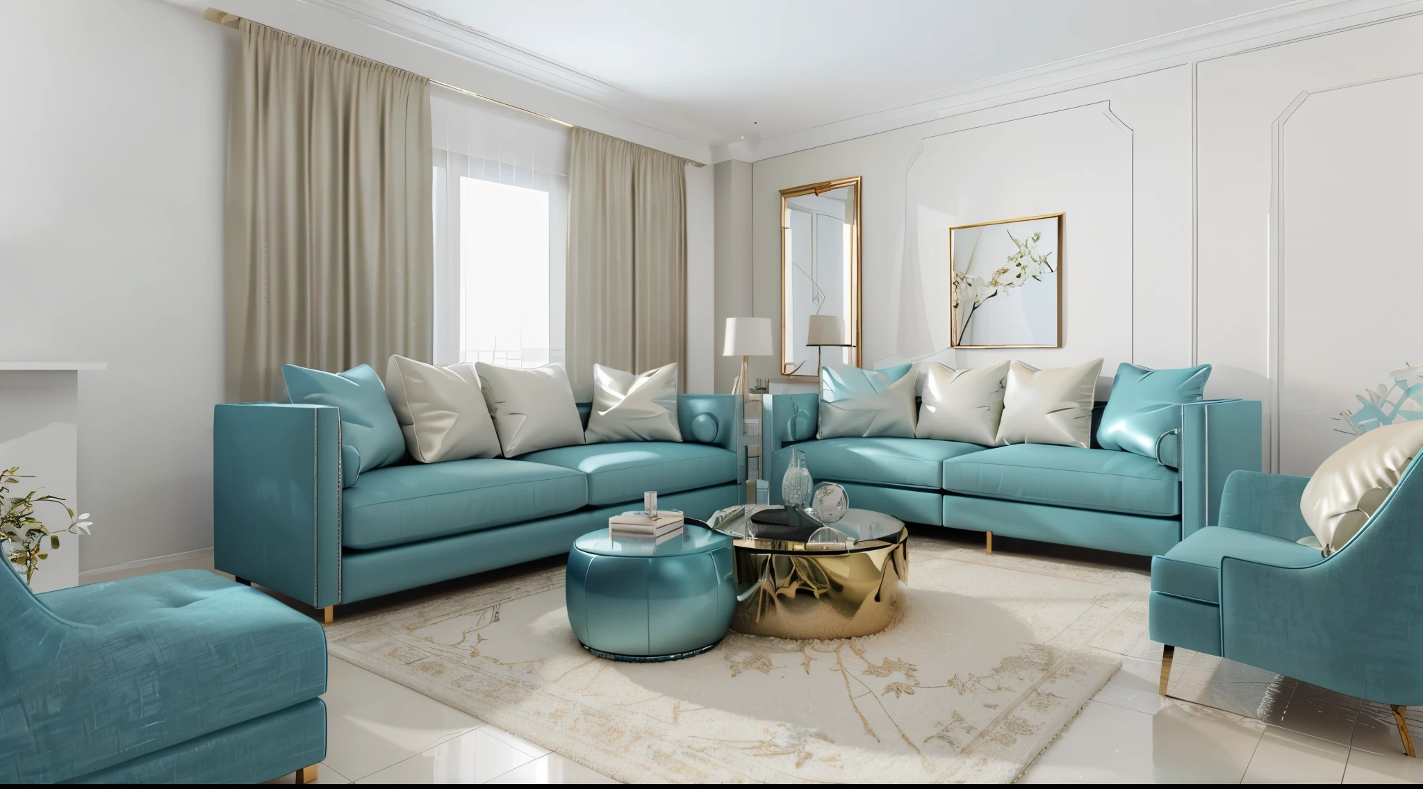 living room with a beige couch and two chairs, white and teal metallic accents, elegant render, high quality 3 d render, high quality 3d render, photorealistic cinematic render, very realistic 3 d render, beige, soft blue living room, award winning interior design, award winning 3d render, interior design photography, realistic cgi render