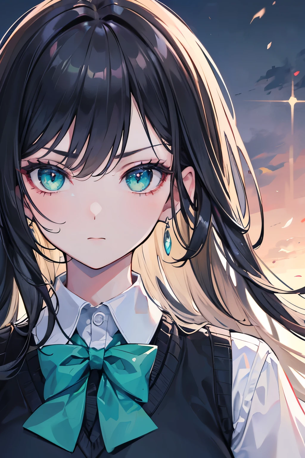 (best quality,4k,8k,highres,masterpiece:1.2), ultra-detailed, 1girl, {black hair}, dark green eyes, long hair, serious, sweater vest, bowtie, collared shirt, beautiful detailed eyes, detailed face, city, portrait, close-up, crisp lighting.