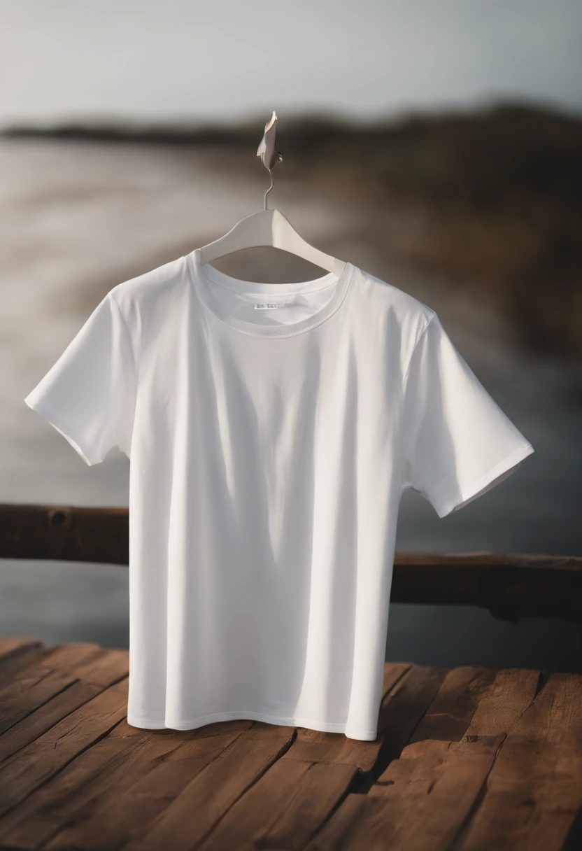 a minimalistic shot of a white t-shirt on a wooden background, with a simple and understated design placed strategically on the chest area, emphasizing the design’s impact and ensuring it stands out against the clean backdrop