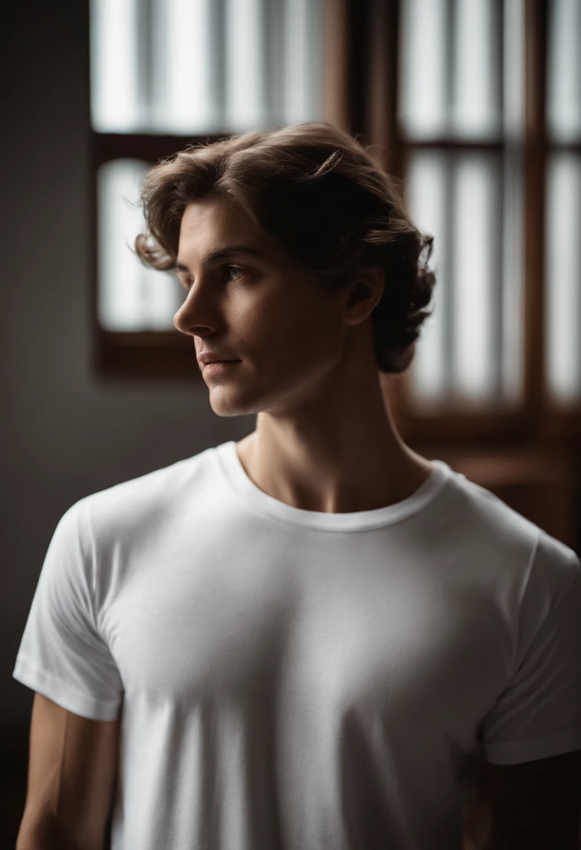 a minimalistic shot of a white t-shirt on a wooden background, with a simple and understated design placed strategically on the chest area, emphasizing the design’s impact and ensuring it stands out against the clean backdrop
