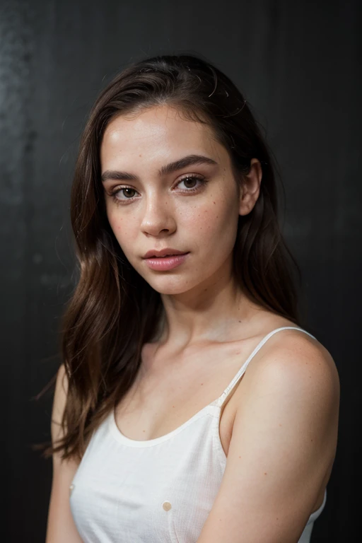 ((best quality)), ((masterpiece)), (detailed), perfect face realistic photo of beautiful woman with long dark brown hair, Russian, influencer, light freckles, dark brown eyes, big lips, no makeup, insagram, standing next to black wall, yoga outfit