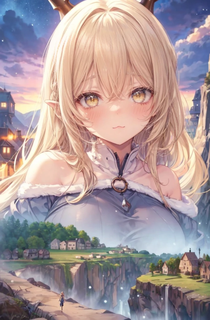 (erect nipples:1.2), (beautiful mature woman: 1.2), very detailed, beautiful, professionally drawn, bright sky, shiny detailed breasts, (perfect beautiful skin), (tiny villages of people on a cliff in front of a giantess breasts: 1.2), (a tiny village on a tiny hill in front of the breasts of a giantess: 1.2), a giantess looming over a tiny village on a tiny hill, (tiny adventurers: 1.1), (tiny villages on a tiny cliff in front of a girl: 1.1), (tiny villages on a cliff: 1.1), giantess girls in the background, simple background, (dark deep forest:1.1), giantess girls in the background, multiple girls, (giantess:1.1), petite breasts, (foreshortening:1.2), (giantess:1.2), smug laughing, sitting, hills, cliffs, mountains, (sweaty:1.2), slight smile, medieval dress