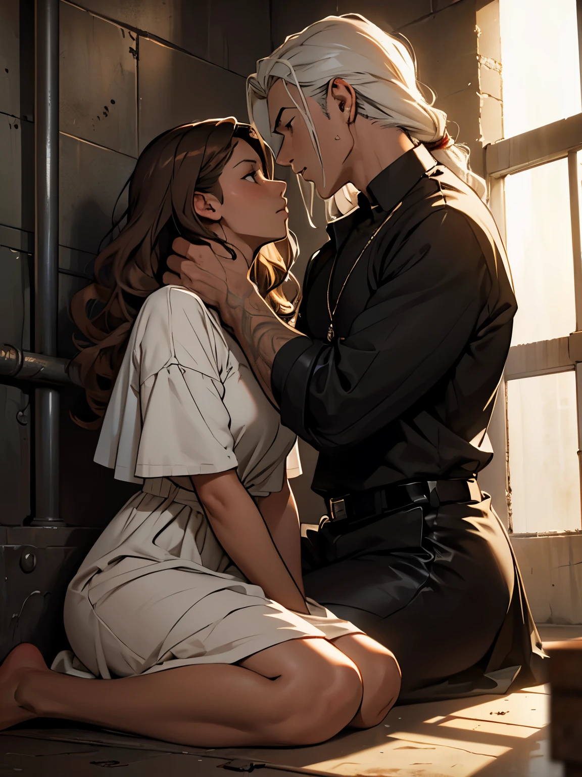 NSFW, (((masterpiece, Best Quality, realistic photo))), (shiny skin), (HD, 8K Wallpaper, High resolution), perfect anatomy, cinematic lighting, physically based rendering, awarded, extremely detailed skin, Extra detailed face, Eyes with beautiful details., Carl Zeiss 85 mm F/1.4, (1 man and 1 woman, couple:1.5), 18 year old woman , lying on the ground, (pink fur, short bob cut, blue eyes, round face), medium breasts, Wet school blouse with tape, navy blue pleated skirt with lift, Navy blue high socks, (blush on the nose, mischievous, half open eyes, drooling), open legs, focus on thigh, in a dungeon, (1 man is an old man, an old man hugs the woman from behind:1.5), An elderly man wears a business suit, (an old man touches a woman&#39;s panties:1.5), [full body shot], shot from below, Wet and transparent girl&#39;s blouse