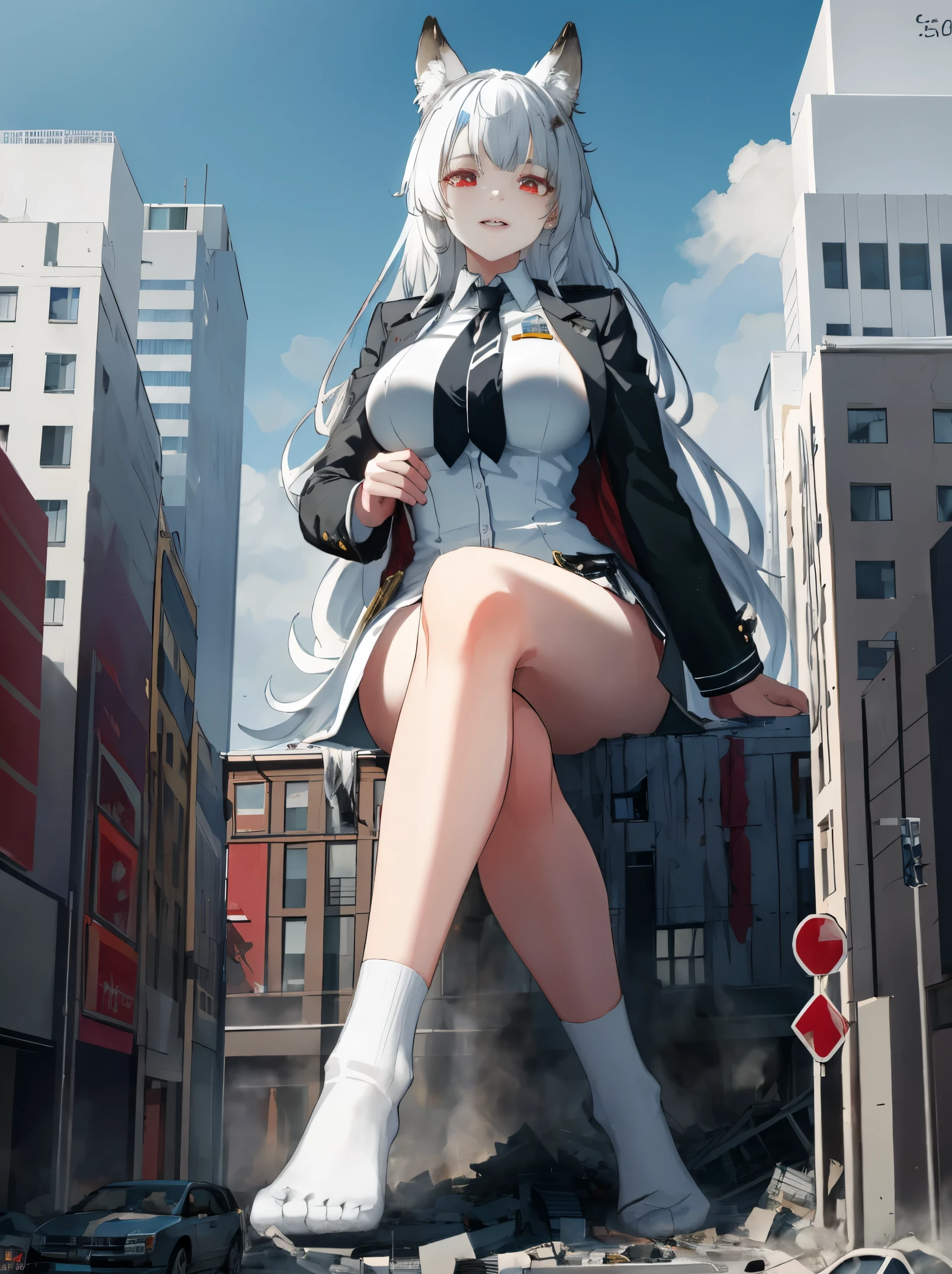 1个Giant Breast Girl, 16 yaers old, Full body lesbian,100 meters tall girl， Bigger than a building,no shoe，Black jacket with white shirt ，a blue tie，white hair color hair，Wolf ears，Light red eyes，A cold expression， Destroyed buildings, Sit on a destroyed building，Put one foot on the car，The one who was trampled to death，There was blood on the ground，Blood adhesions，The socks were stained with blood，GTSC city, as a giantess, Bright pupils, ssmile, naghty face, 16k, high high quality, high detal, Anatomically correct, ctextured skin，Steam coming out of feet，