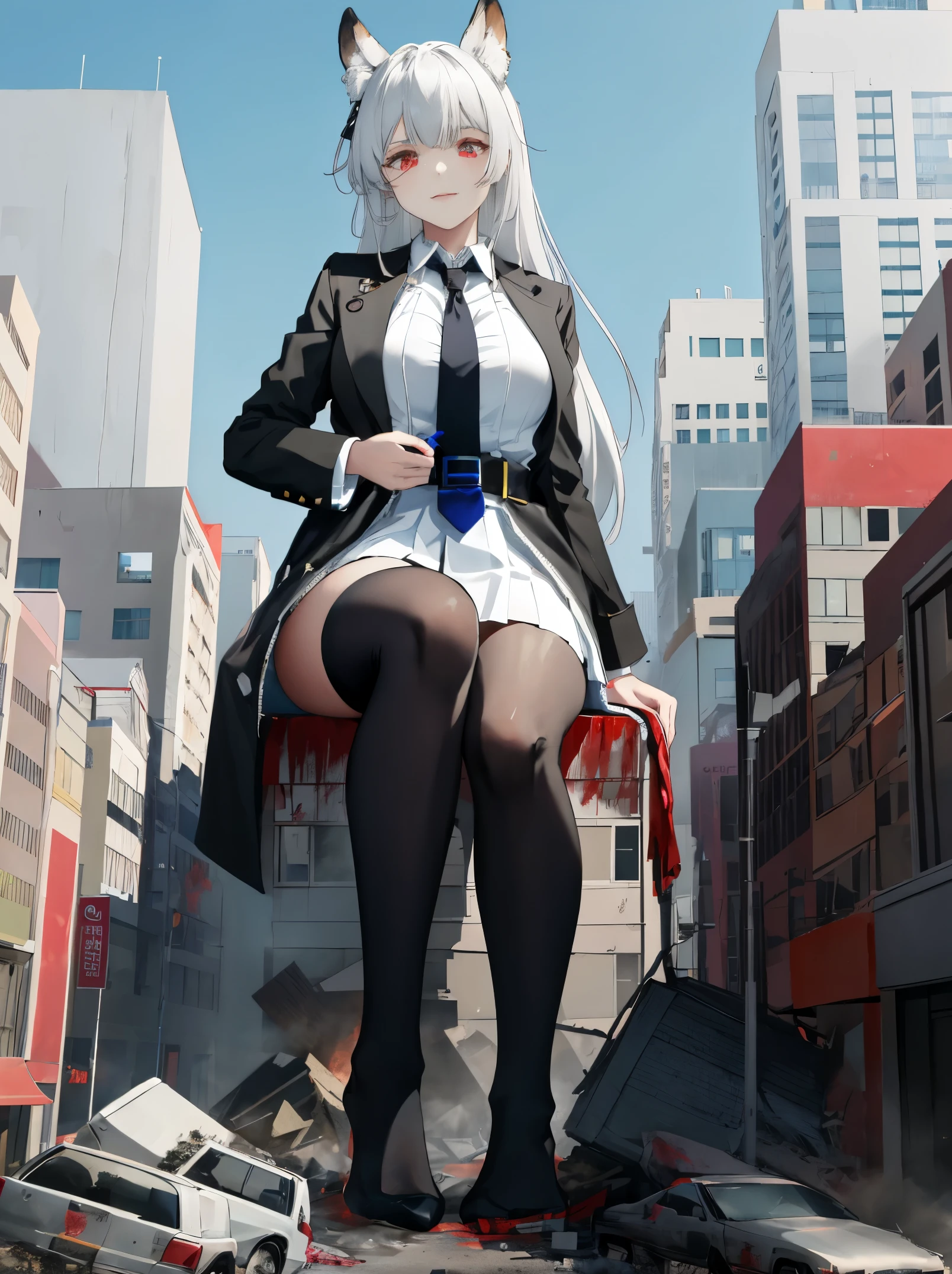 1个Giant Breast Girl, , Full body lesbian,100 meters tall girl, Bigger than a building,no shoe,Black jacket with white shirt ,a blue tie,white hair color hair,Wolf ears,Light red eyes,A cold expression, Destroyed buildings, Sit on a destroyed building,Put one foot on the car,The one who was trampled to death,There was blood on the ground,Blood adhesions,The socks were stained with blood,GTSC city, as a giantess, Bright pupils, ssmile, naghty face, 16k, high high quality, high detal, Anatomically correct, ctextured skin,Steam coming out of feet,