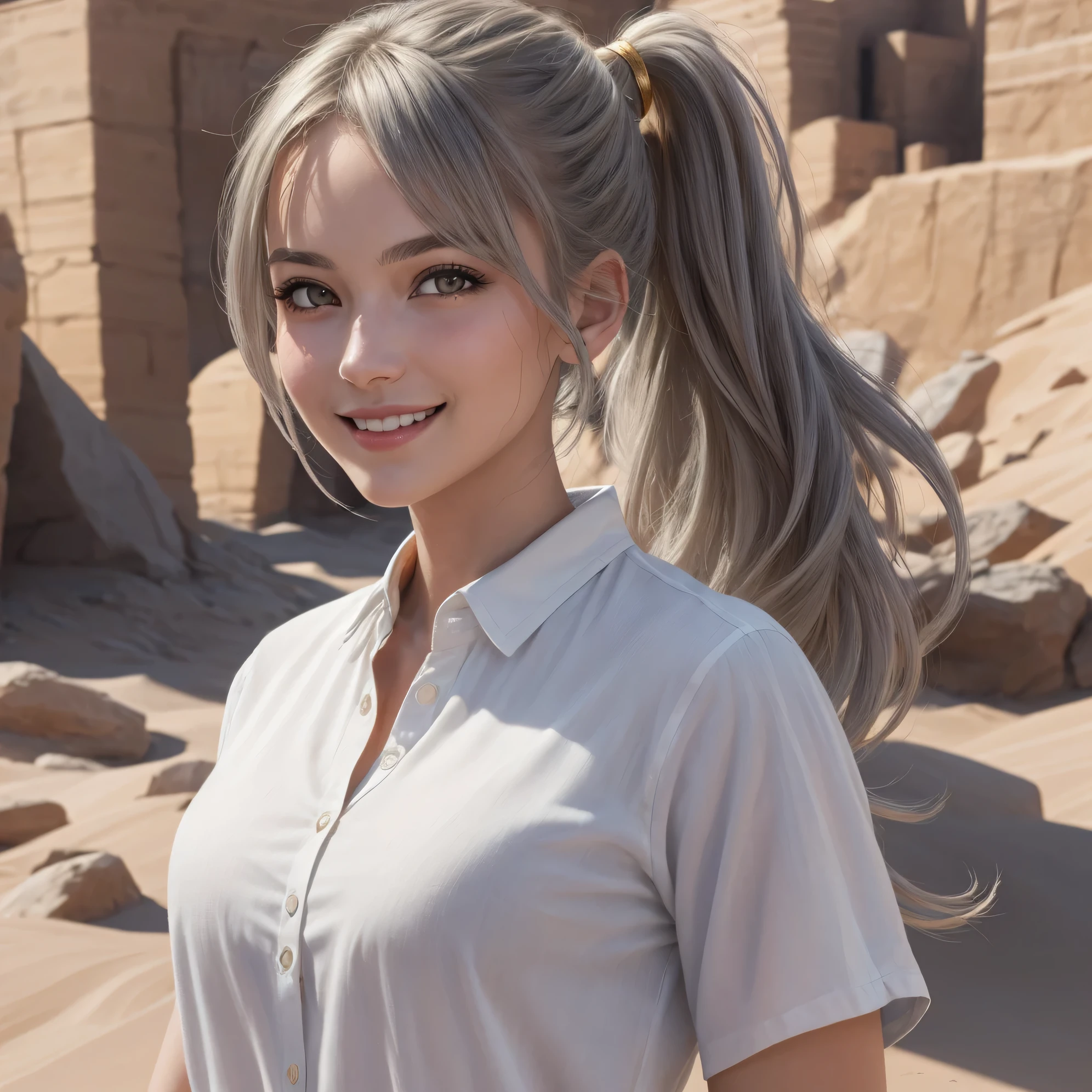 (masterpiece:1.2),(best quality), (ultra detailed), (8k, 4k, intricate),(halft body:1.2),(highly detailed:1.2),(detailed face:1.2), (detailed background), (portrait),detailed landscape, years 1800 town in the desert, (dynamic pose:1.2), 1girl, solo, long pony tail hair, looking at viewer, (white loose shirt), smile, gold eyes, gray hair, upper body