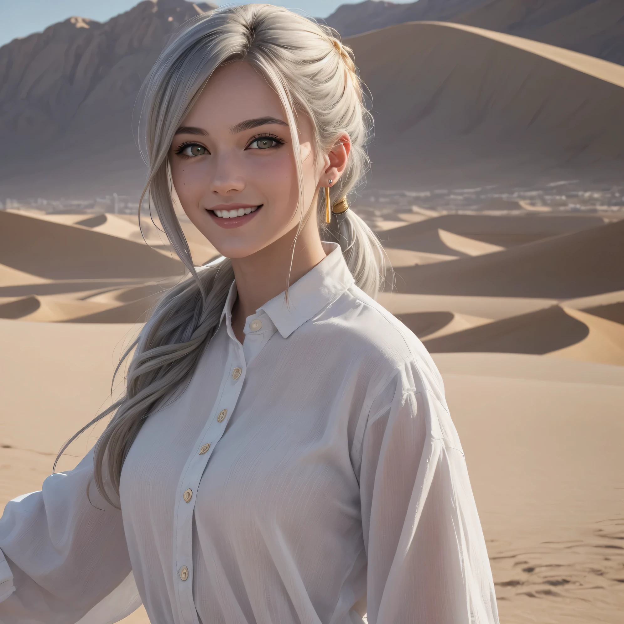 (masterpiece:1.2),(best quality), (ultra detailed), (8k, 4k, intricate),(halft body:1.2),(highly detailed:1.2),(detailed face:1.2), (detailed background), (portrait),detailed landscape, years 1800 town in the desert, (dynamic pose:1.2), 1girl, solo, long pony tail hair, looking at viewer, (white loose shirt), smile, gold eyes, gray hair, upper body