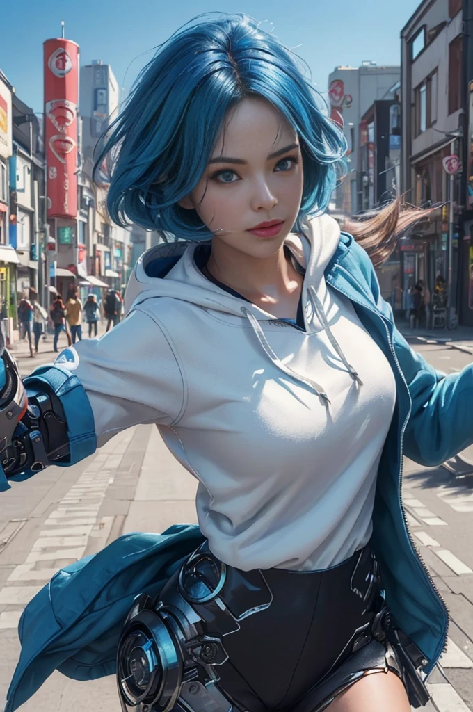 (Photorealistic:1.4) image of a Cyborg girl, (top-quality, 8K, 32K, masterpiece) , (dynamic pose), ((facing camera)), cowboy shot, shapeless hair, blue color hair, colorful wearing white hoodie. depth of field f/1.8, Japanese city background, soft lighting, low ISO.