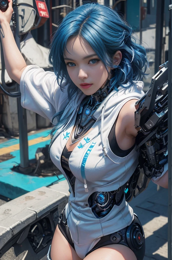 (Photorealistic:1.4) image of a Cyborg girl, (top-quality, 8K, 32K, masterpiece) , (dynamic pose), ((facing camera)), cowboy shot, shapeless hair, blue color hair, colorful wearing white hoodie. depth of field f/1.8, Japanese city background, soft lighting, low ISO.