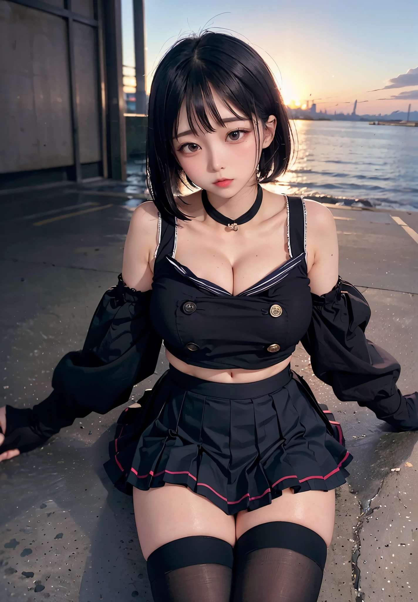 (top-quality:1.5), (hight resolution:1.5), One girl, (Schoolgirl in sailor suit),(huge-breasted:1.5),(pleatedskirt:1.5),(black thighhighs),(Shorthair with black hair),(Sit up:1.3),(Face Focus:1.5),(dynamicposes:1.3),(Small face:1.5)