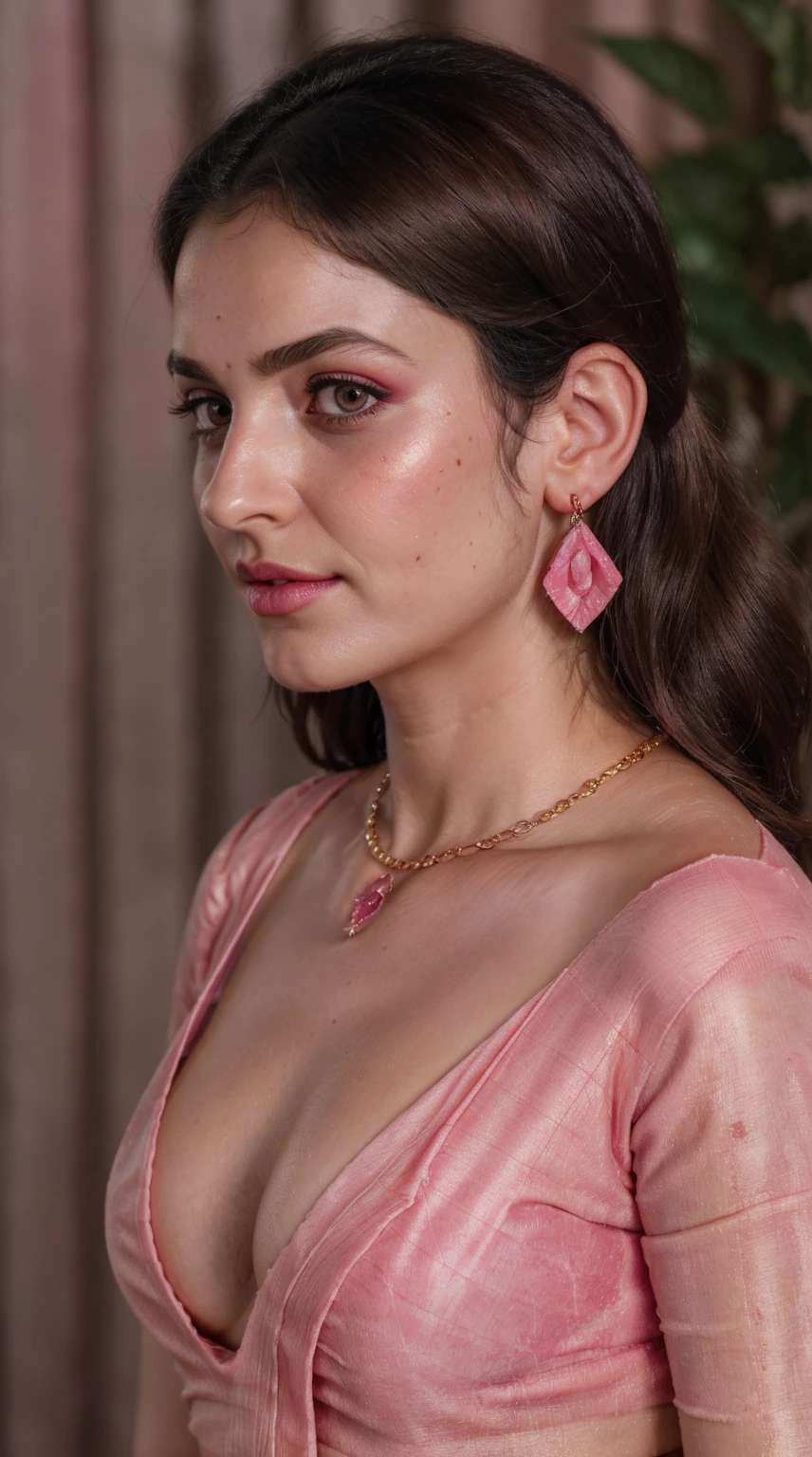 Pink saree, (RAW photo, realism: 1.8), (very dark pink lip gloss, jet dark pink lipstick, realistic eyelashes, dark brown eye shadow, shy, blushing, high quality, high resolution, depth of field, chromatic aberration, caustic, wide light, natural colors, 30 year old woman), necklaces, chokers, earrings, bracelets, wear delicate accessories, soft skin fair pink skin, small breasts size, oily shine skin, slime nose soft skin, wears small golden nose pin,