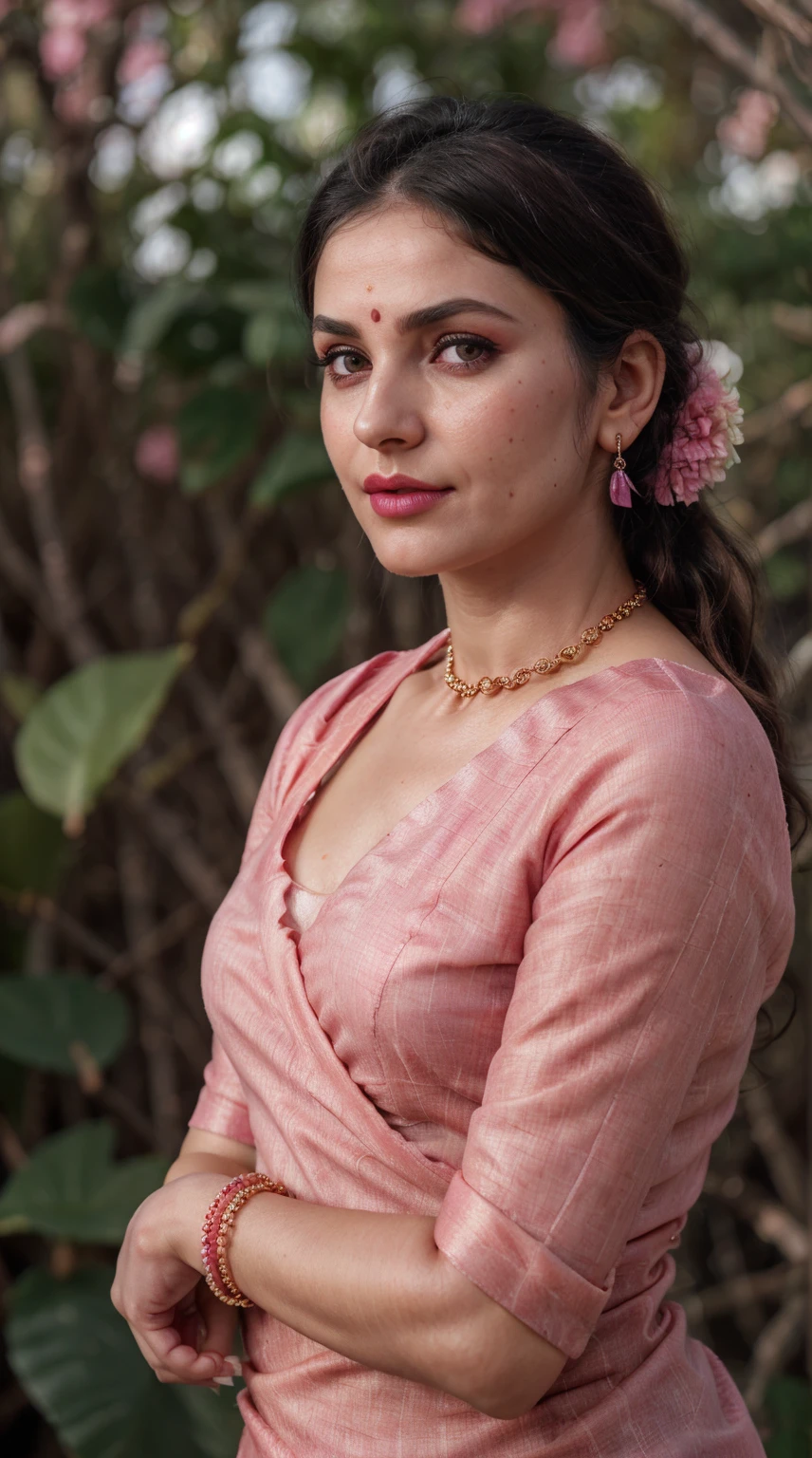 Pink saree, (RAW photo, realism: 1.8), (very dark pink lip gloss, jet dark pink lipstick, realistic eyelashes, dark brown eye shadow, shy, blushing, high quality, high resolution, depth of field, chromatic aberration, caustic, wide light, natural colors, 30 year old woman), necklaces, chokers, earrings, bracelets, wear delicate accessories, soft skin fair pink skin, small breasts size, oily shine skin, slime nose soft skin, wears small golden nose pin,