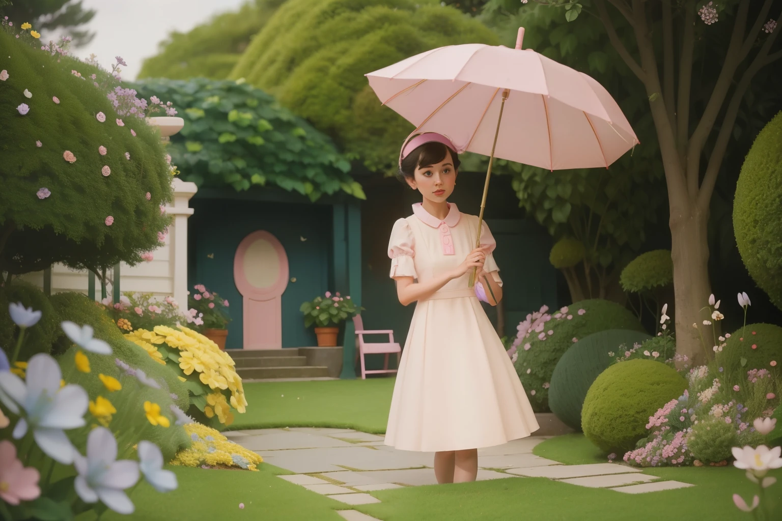 April 2023. Quaint Umbrella Twirling in a Wes Anderson Garden.

Description: A young woman, in her mid-20s with a pixie cut and adorned in a pastel-colored dress, twirls a quaint umbrella in a meticulously landscaped Wes Anderson garden. Her graceful movements and the vibrant umbrella create a whimsical April scene.