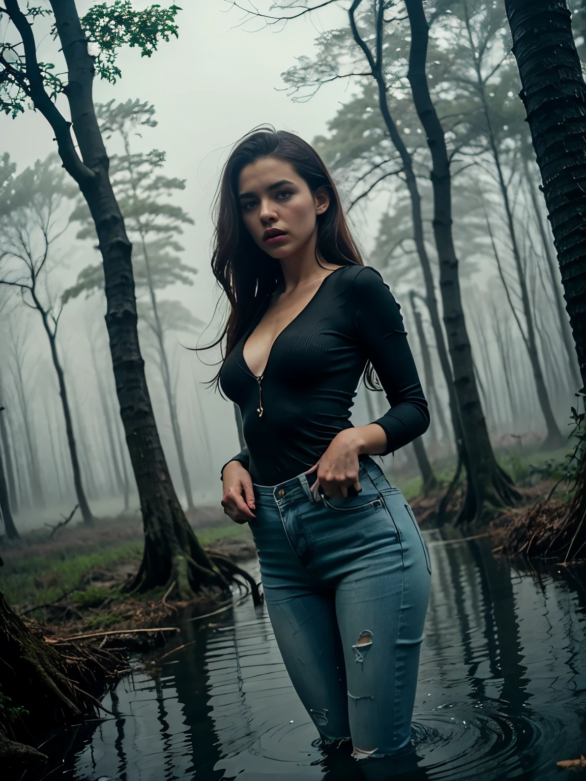 on the dirty bank, pale face and bloody lips, trying to get out of the abyss, dull greens and grays, Gloomy lighting, reflection of anxiety and tension, partially flooded forest and fog, grotesque shadows of distorted trees, interaction between the fragility of the female figure and the hostile nature. jeans