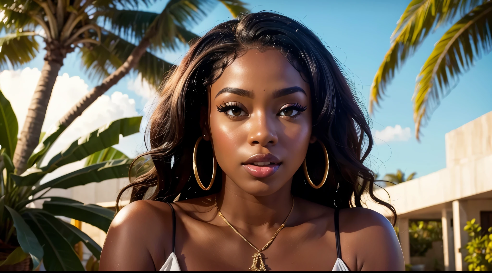 a beautiful Jamaican woman blowing a kiss at the camera, holding a mistletoe above her head, cinematic shot, thicc, cleavage, hot dress