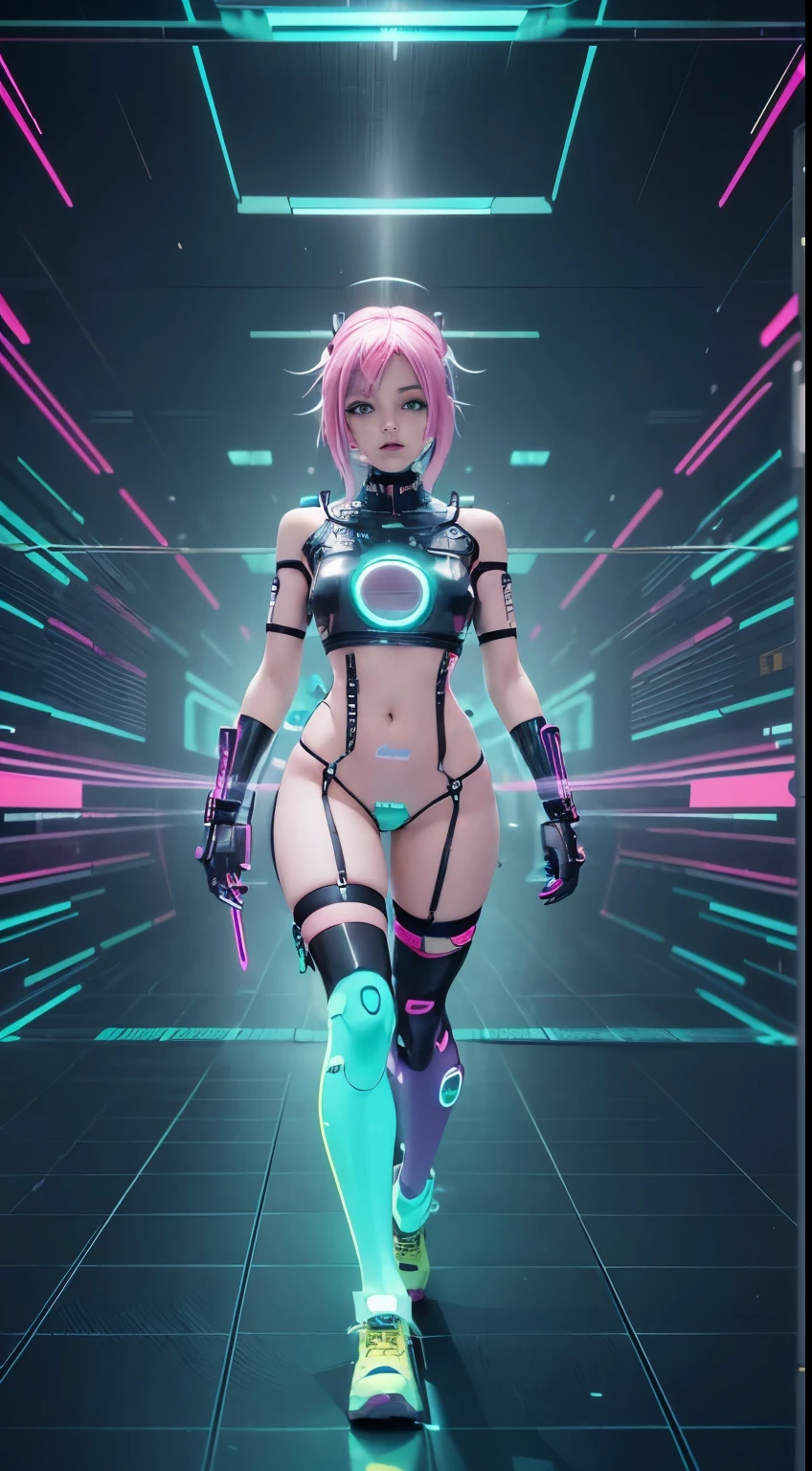 solo, 1girl, full body nude, (electric Aqua pink hair), (electric yellow eyes), ((Cyber punk outfit)), (symmetrical eyes), (Perfect face), (Perfect Anatomy), (looking at viewer), (cyber shot), ((Glitch Art background)), (glitch art:1.3) ((glitch effect)), (8k), (HD), (Cinematography)
